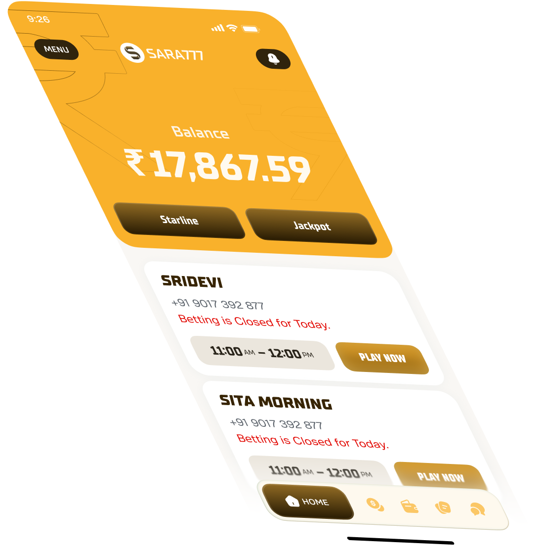 Sara777 Android app showing satta matka live results